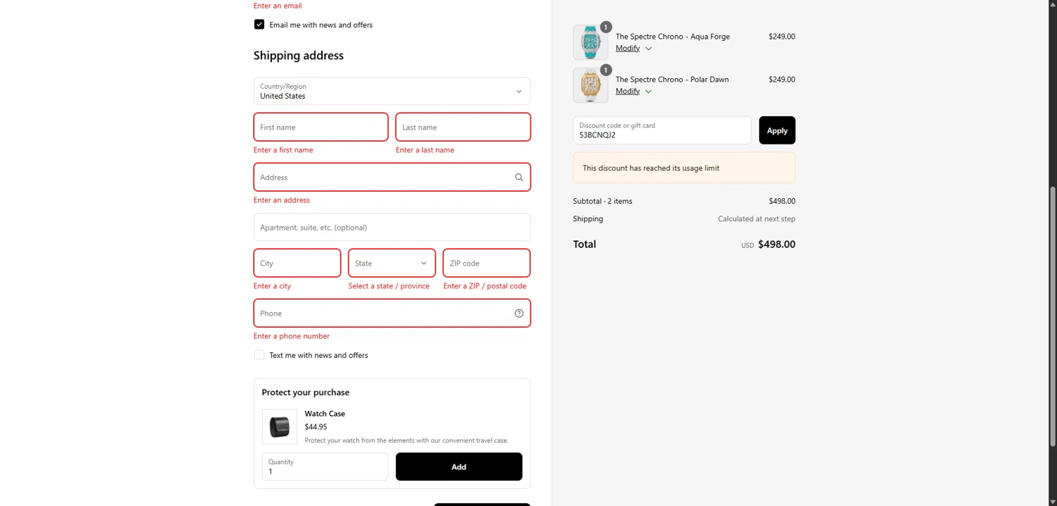 Ralph Christian Watches discount code screenshot showing code 53BCNQJ2 applied at Ralph Christian Watches checkout page. Uploaded by SimplyCodes community member FrugalPhoenix2446 on Sep 1, 2025