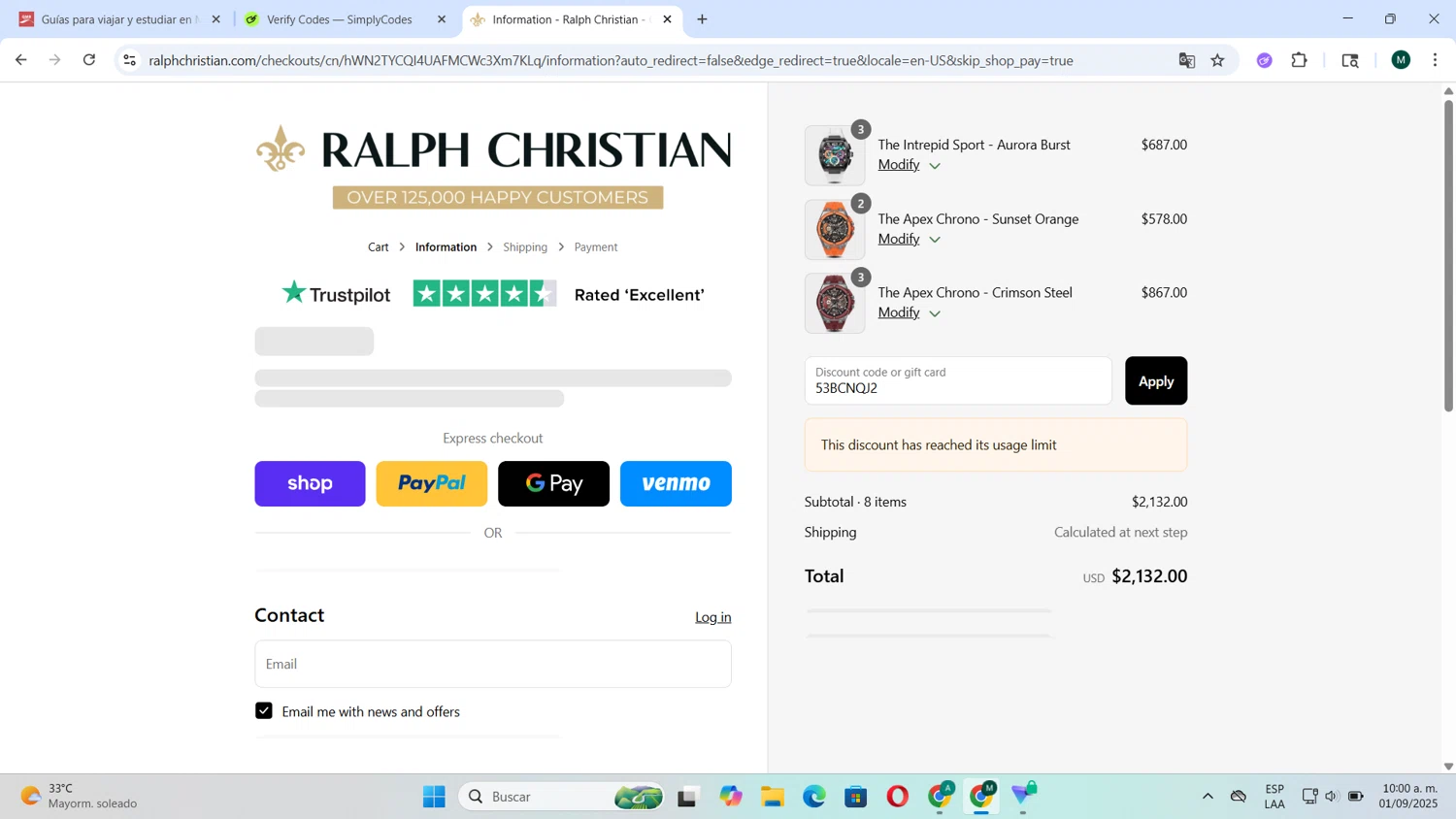 Ralph Christian Watches discount code screenshot showing code 53BCNQJ2 applied at Ralph Christian Watches checkout page. Uploaded by SimplyCodes community member Tortu_1 on Sep 1, 2025