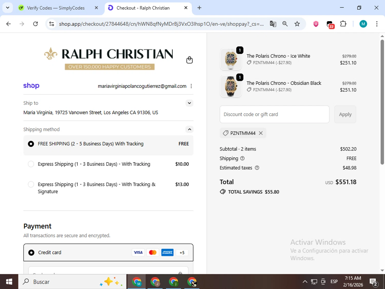 Ralph Christian Watches checkout page showing Ralph Christian Watches discount code box | Screenshot taken by SimplyCodes community member on Feb 16, 2026