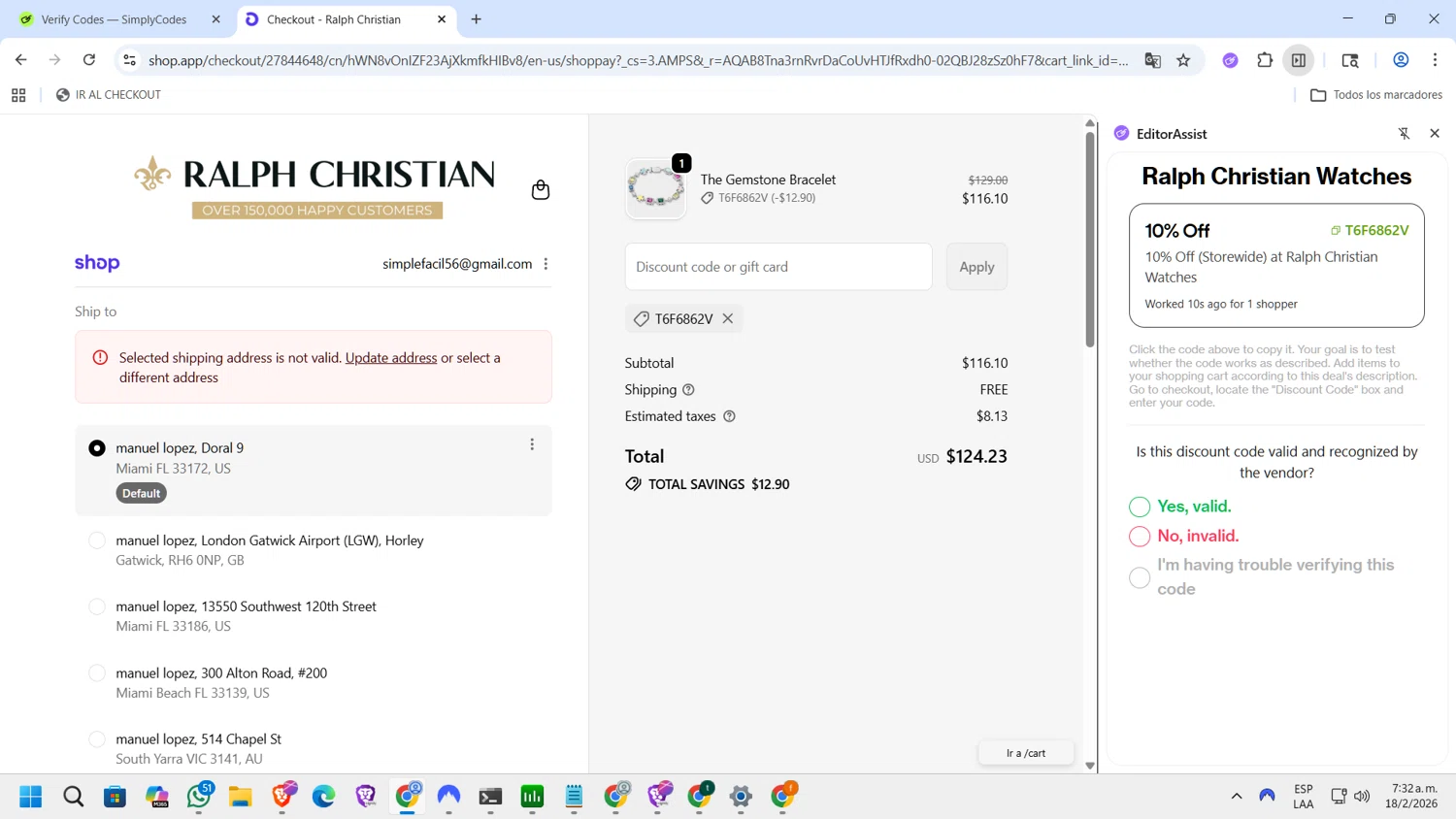 Ralph Christian Watches checkout page showing Ralph Christian Watches discount code box | Screenshot taken by SimplyCodes community member on Feb 18, 2026