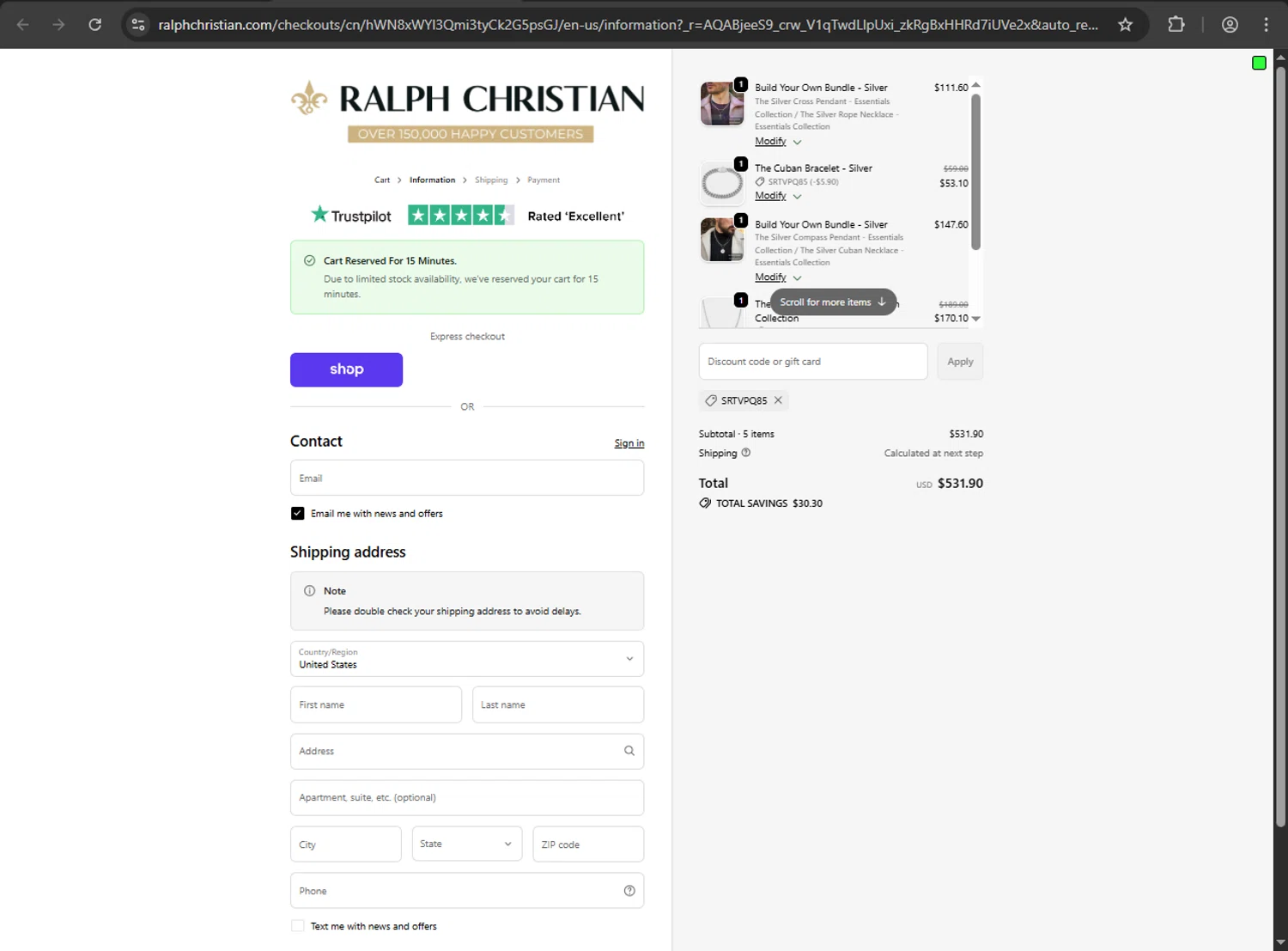 Ralph Christian Watches checkout page showing Ralph Christian Watches discount code box | Screenshot taken by SimplyCodes community member on Feb 19, 2026