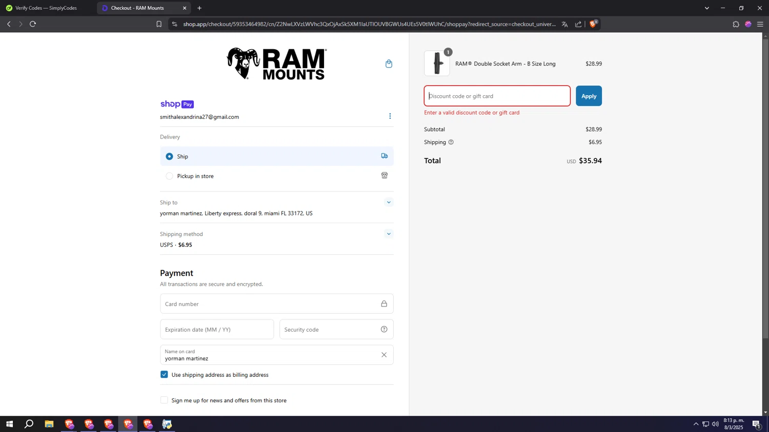 RAM Mounts discount code screenshot showing code RAV4BABE applied at RAM Mounts checkout page. Uploaded by SimplyCodes community member SALCHICHA on Mar 9, 2025