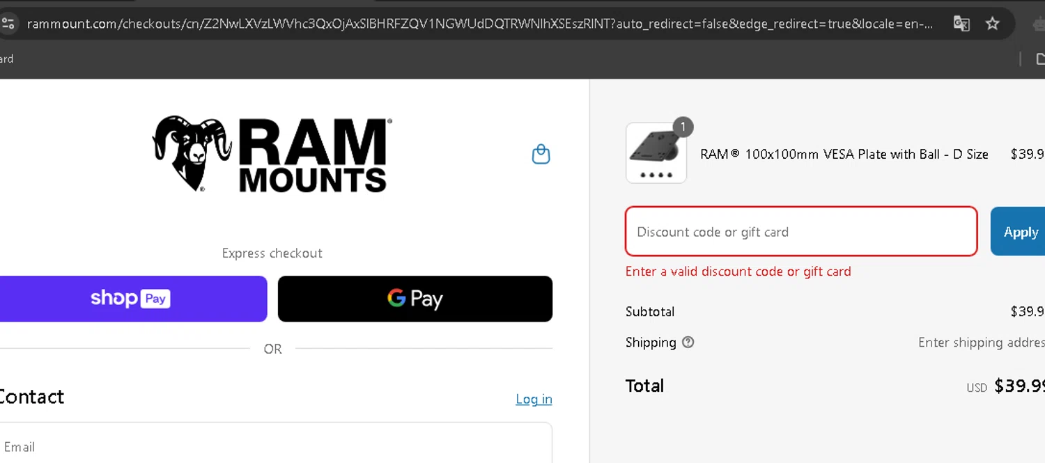 RAM Mounts discount code screenshot showing code RAMMOUNTS applied at RAM Mounts checkout page. Uploaded by SimplyCodes community member AurelioCasillas on Mar 16, 2025