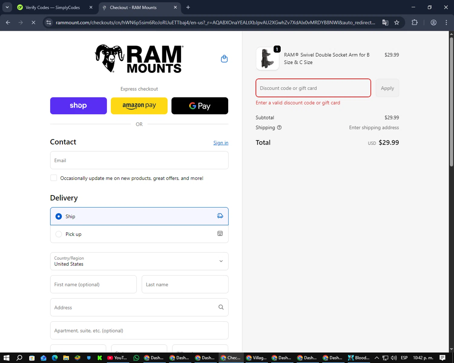 RAM Mounts discount code screenshot showing code RAMMOUNTS applied at RAM Mounts checkout page. Uploaded by SimplyCodes community member MoneyPilot9165 on Dec 25, 2025