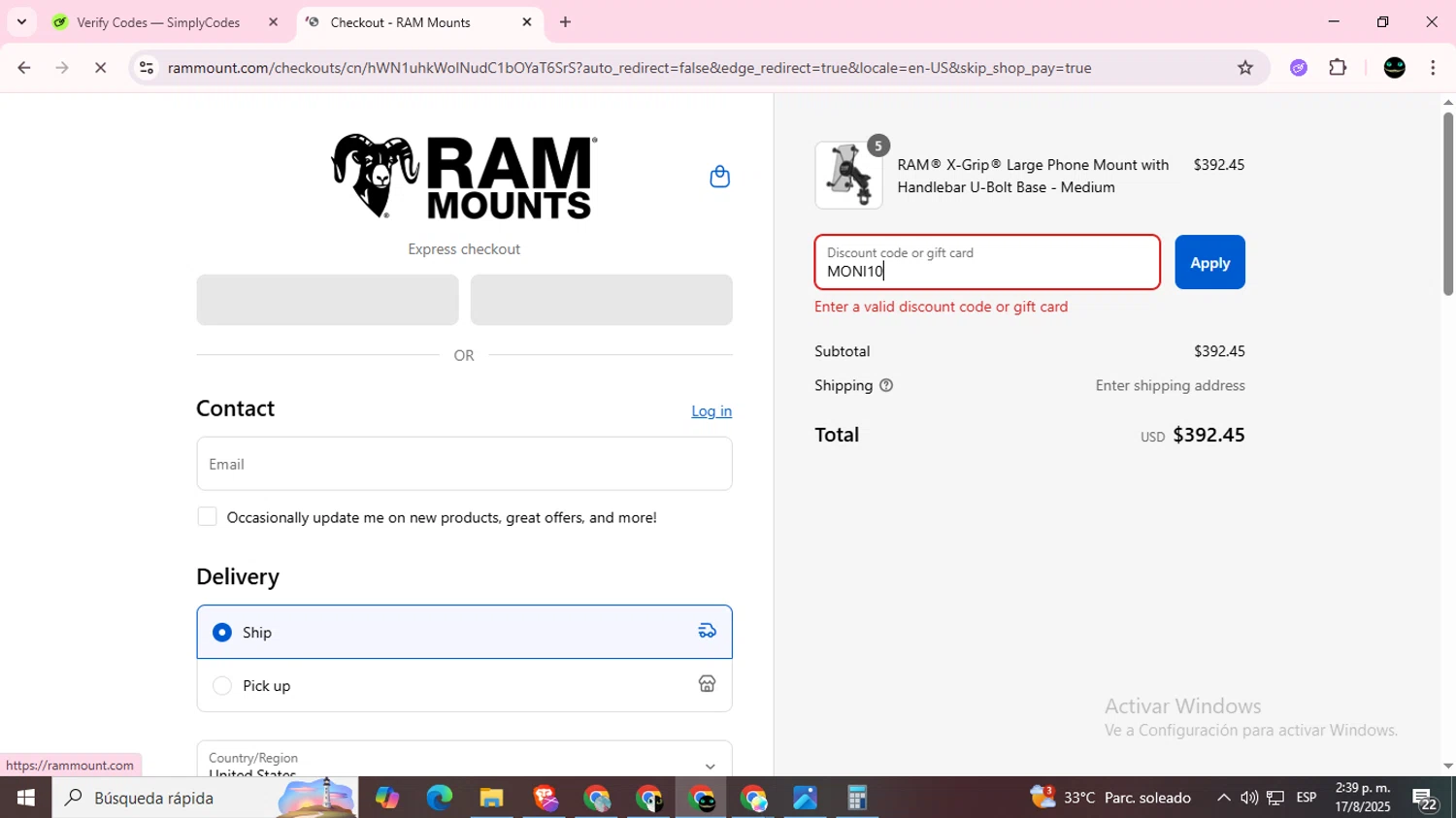 RAM Mounts discount code screenshot showing code MONI10 applied at RAM Mounts checkout page. Uploaded by SimplyCodes community member BargainWizard5755 on Aug 17, 2025