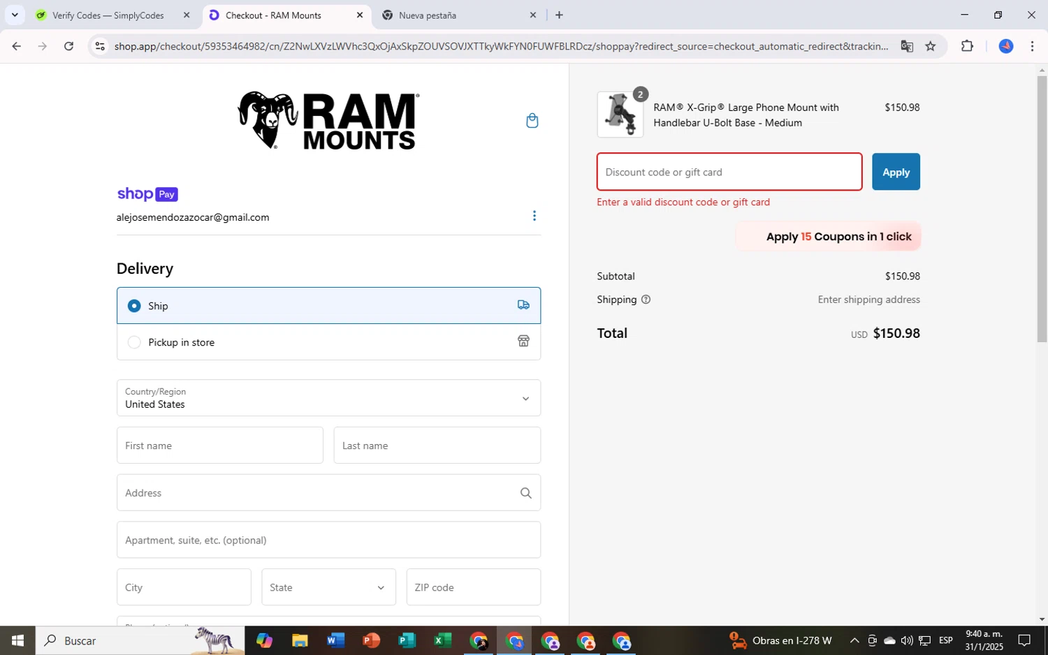 RAM Mounts discount code screenshot showing code MONI10 applied at RAM Mounts checkout page. Uploaded by SimplyCodes community member TheCreature on Jan 31, 2025