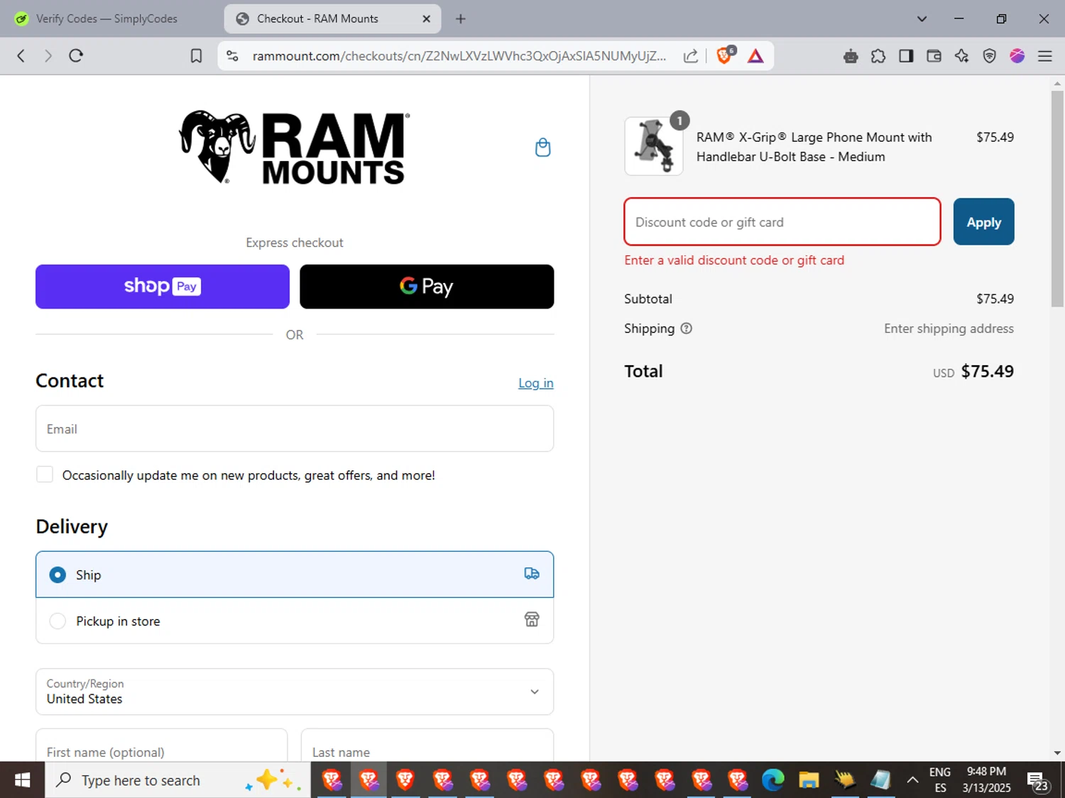 RAM Mounts discount code screenshot showing code MONI10 applied at RAM Mounts checkout page. Uploaded by SimplyCodes community member LuckyFinder3550 on Mar 14, 2025