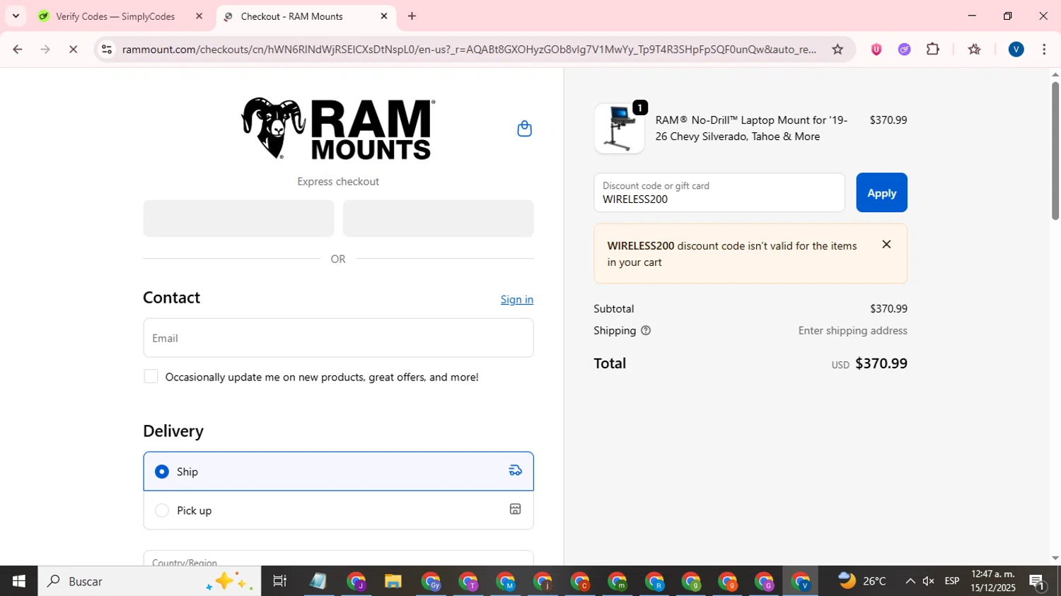 RAM Mounts discount code screenshot showing code WIRELESS200 applied at RAM Mounts checkout page. Uploaded by SimplyCodes community member CrownTitan5376 on Dec 15, 2025