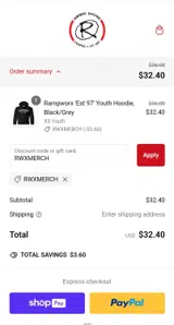 RWXMERCH coupon verification screenshot