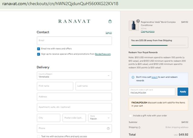 RANAVAT checkout page showing RANAVAT discount code box | Screenshot taken by SimplyCodes community member on Aug 31, 2025