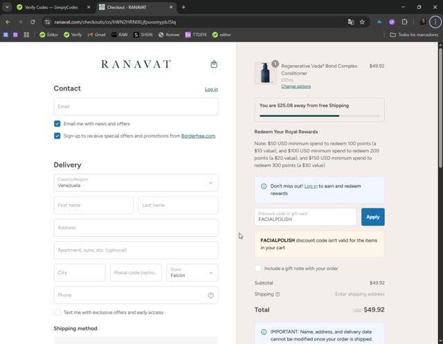 RANAVAT checkout page showing RANAVAT discount code box | Screenshot taken by SimplyCodes community member on Aug 27, 2025