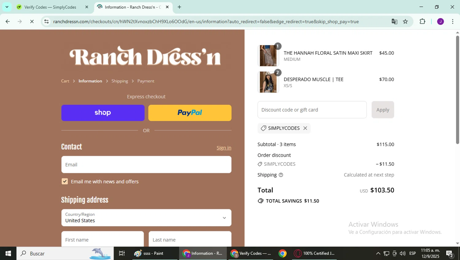 Ranch Dress'n coupon code screenshot showing code SIMPLYCODES applied at Ranch Dress'n checkout page. Uploaded by SimplyCodes community member YutakaH0shin0 on Sep 12, 2025