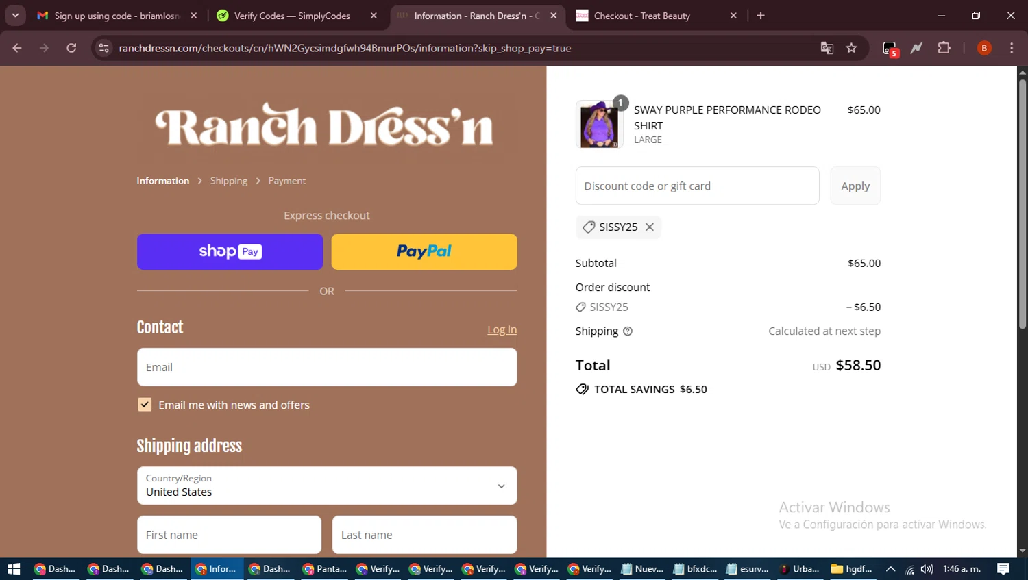 Ranch Dress'n coupon code screenshot showing code Sissy25 applied at Ranch Dress'n checkout page. Uploaded by SimplyCodes community member DiscountExpert6435 on Aug 27, 2025