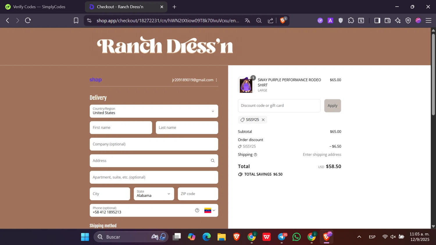 Ranch Dress'n coupon code screenshot showing code Sissy25 applied at Ranch Dress'n checkout page. Uploaded by SimplyCodes community member Toji_fushiguro on Sep 12, 2025