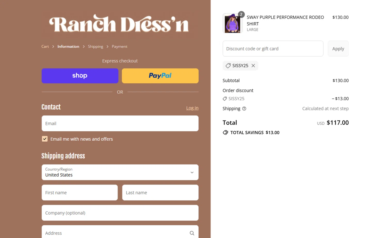 Ranch Dress'n coupon code screenshot showing code Sissy25 applied at Ranch Dress'n checkout page. Uploaded by SimplyCodes community member VoucherVirtuoso2520 on Sep 8, 2025