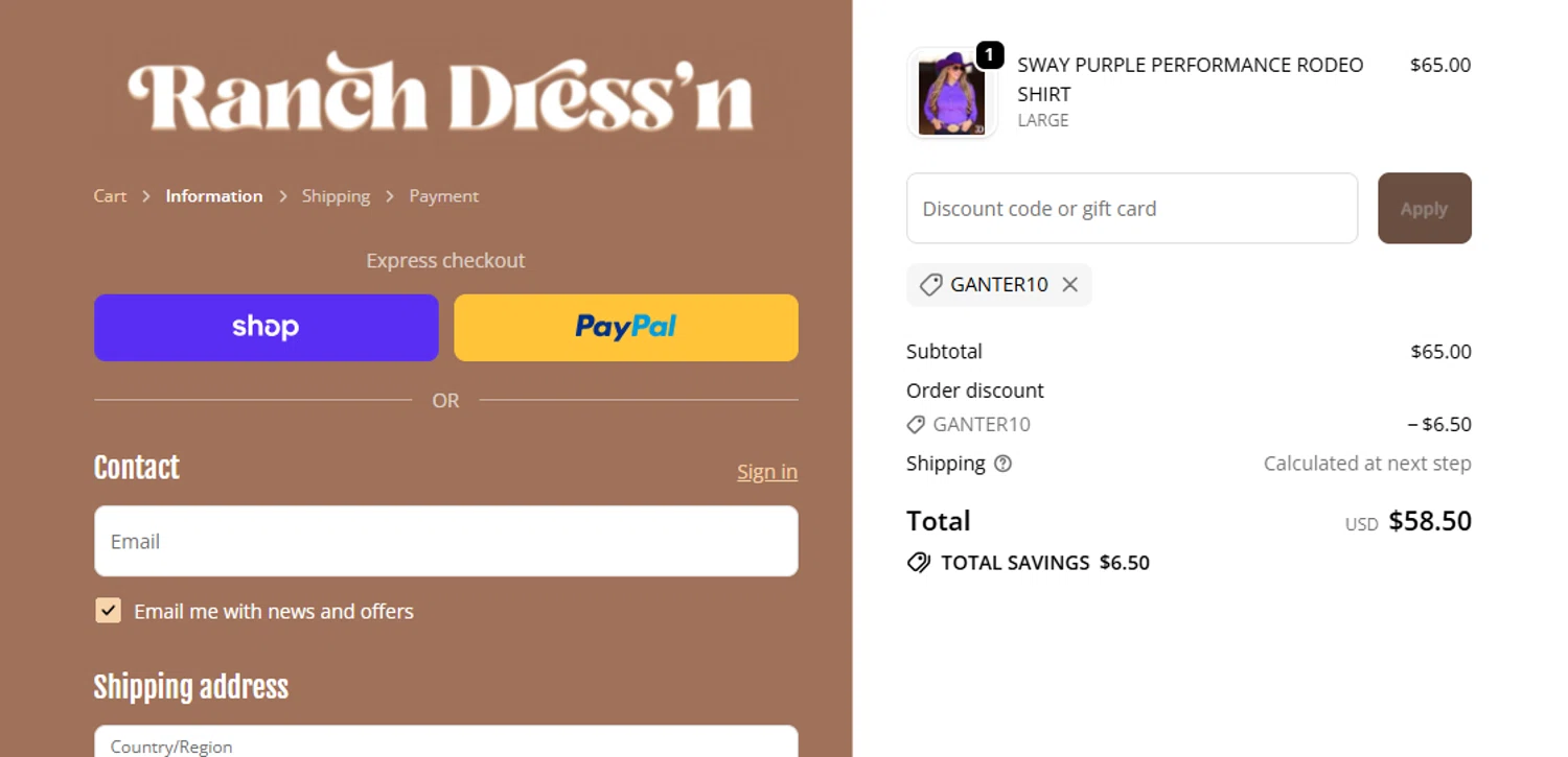 Ranch Dress'n coupon code screenshot showing code Ganter10 applied at Ranch Dress'n checkout page. Uploaded by SimplyCodes community member BrilliantChaser2585 on Nov 3, 2025