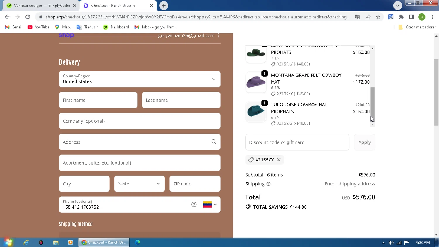 Ranch Dress'n coupon code screenshot showing code XZ159XY applied at Ranch Dress'n checkout page. Uploaded by SimplyCodes community member MagnificentPilot8371 on Nov 3, 2025
