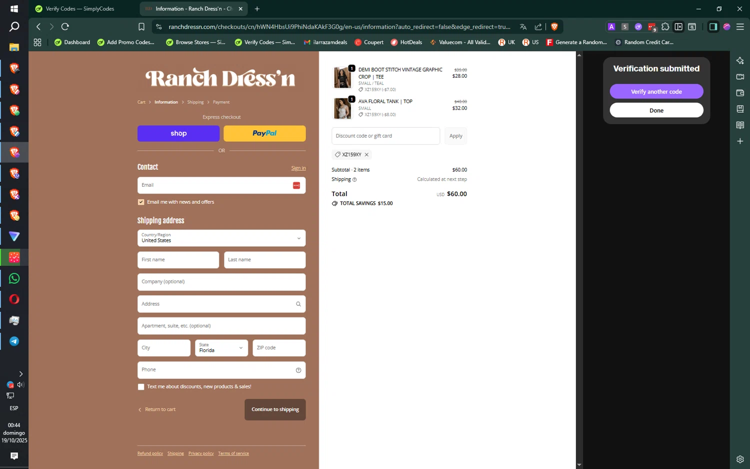 Ranch Dress'n coupon code screenshot showing code XZ159XY applied at Ranch Dress'n checkout page. Uploaded by SimplyCodes community member jMoya06 on Oct 19, 2025
