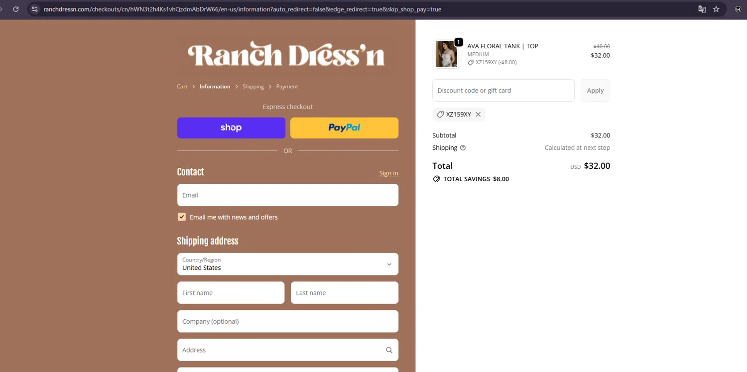 Ranch Dress'n coupon code screenshot showing code XZ159XY applied at Ranch Dress'n checkout page. Uploaded by SimplyCodes community member ivanguere on Oct 8, 2025