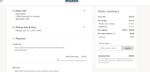 Randalls checkout page showing Randalls promo code box | Screenshot taken by SimplyCodes community member on Jun 19, 2023