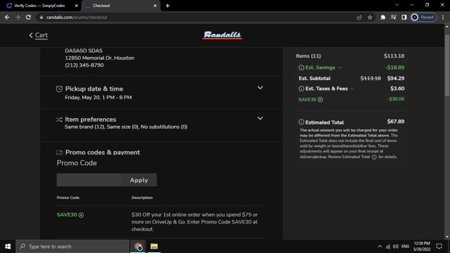 Randalls checkout page showing Randalls promo code box | Screenshot taken by SimplyCodes community member on May 20, 2022