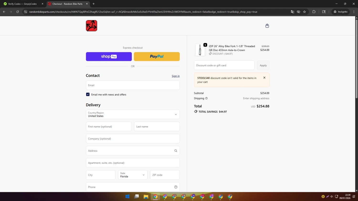 Random Bike Parts promo code screenshot showing code 5TOOLS40 applied at Random Bike Parts checkout page. Uploaded by SimplyCodes community member AVAMUSTANG on Jan 10, 2026