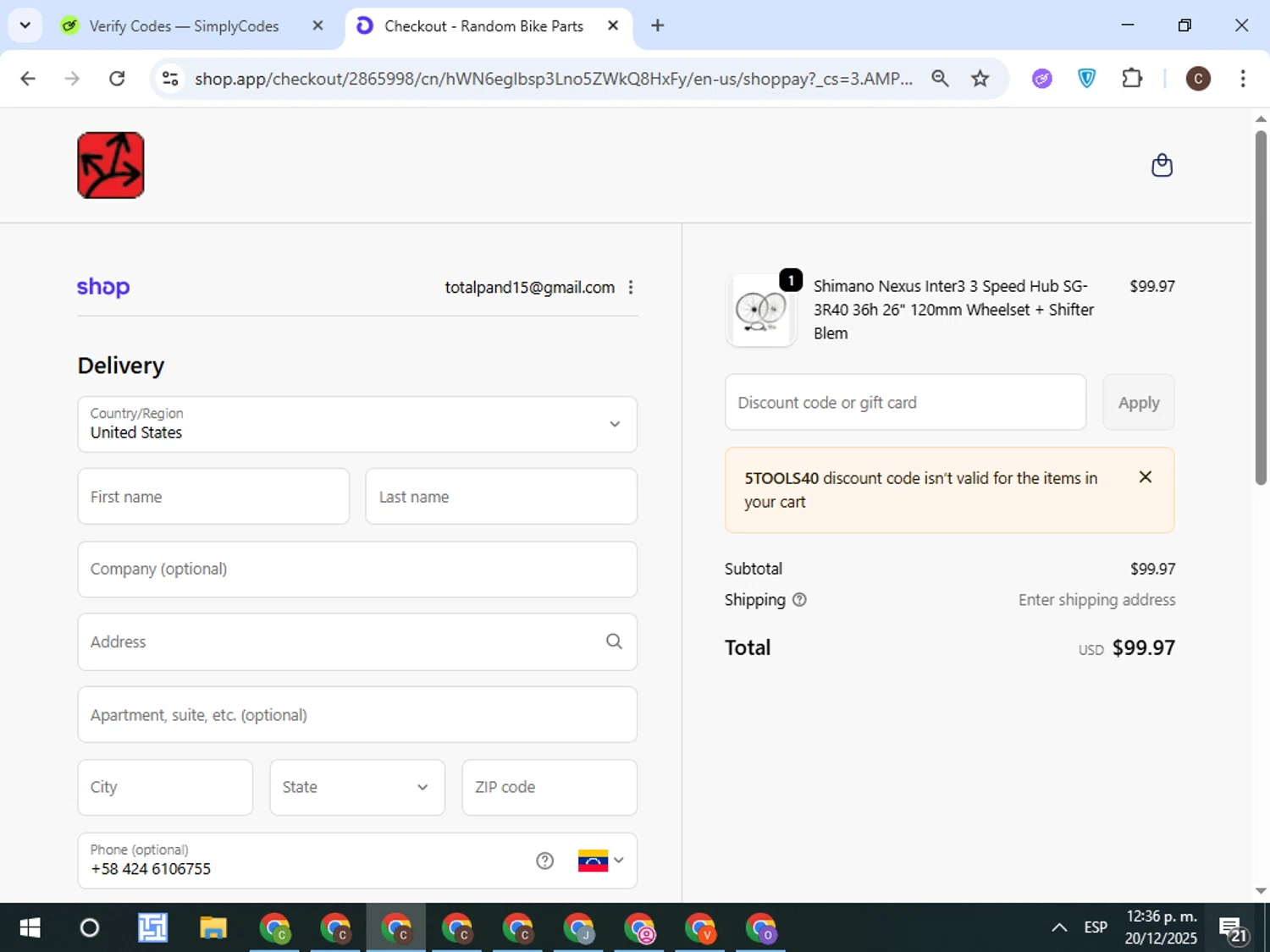 Random Bike Parts promo code screenshot showing code 5TOOLS40 applied at Random Bike Parts checkout page. Uploaded by SimplyCodes community member TreasureFox8596 on Dec 20, 2025