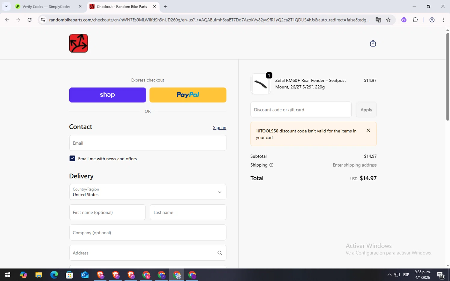 Random Bike Parts checkout page showing Random Bike Parts promo code box | Screenshot taken by SimplyCodes community member on Jan 5, 2026