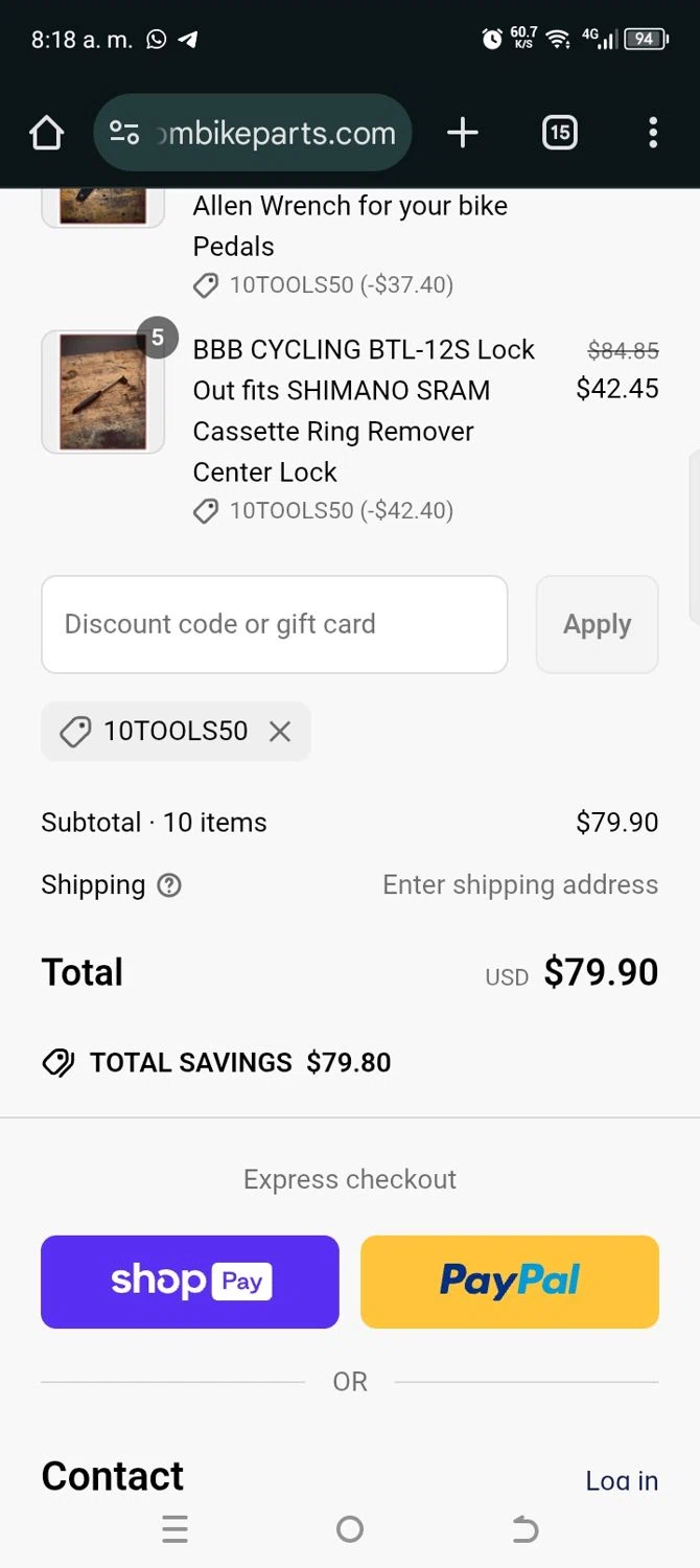 Random Bike Parts promo code screenshot showing code 10TOOLS50 applied at Random Bike Parts checkout page. Uploaded by SimplyCodes community member kellymoreno on May 1, 2025