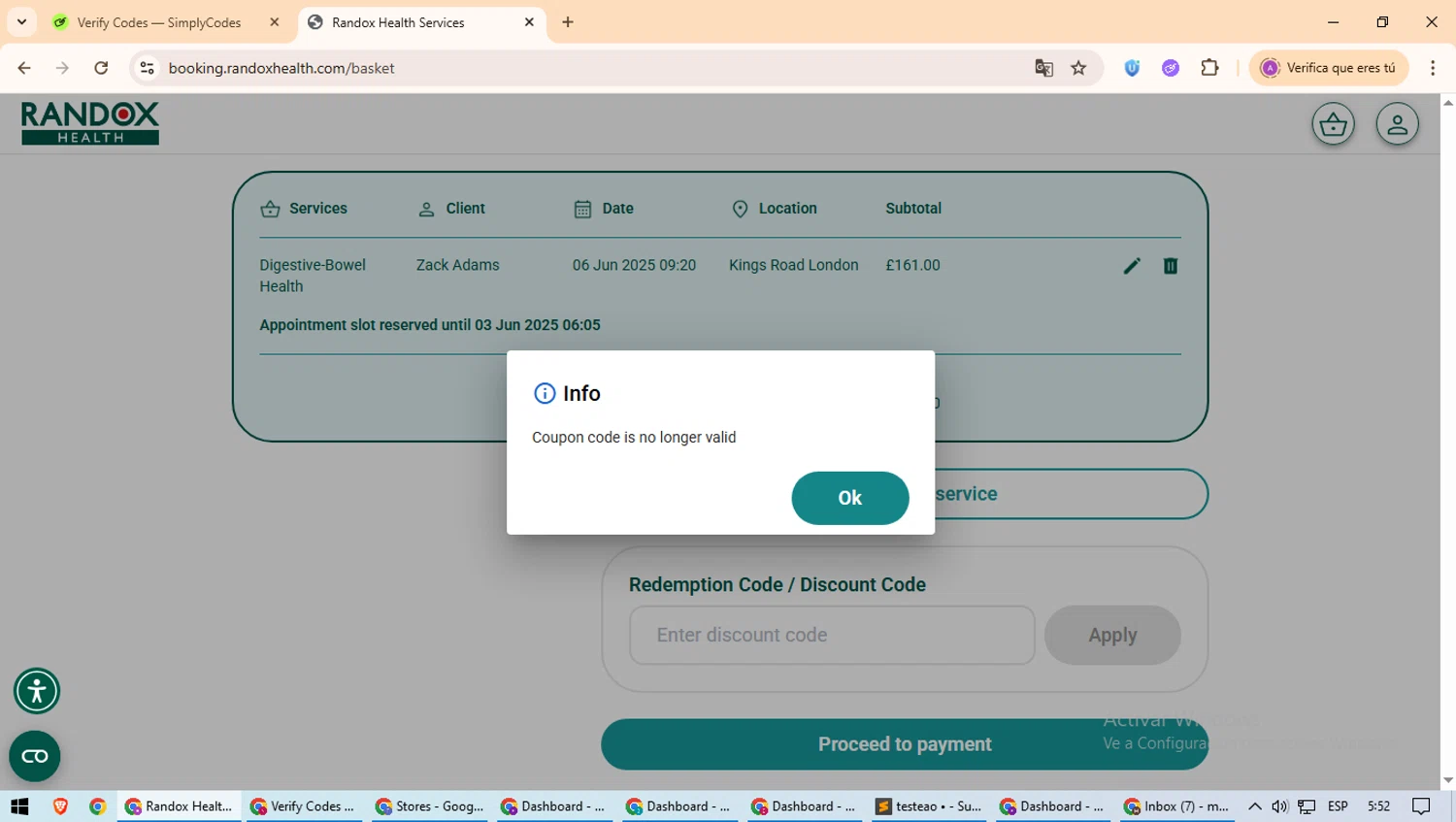 Randox Health coupon code screenshot showing code OWNYOURHEALTH10 applied at Randox Health checkout page. Uploaded by SimplyCodes community member ScanExpert2824 on Jun 3, 2025