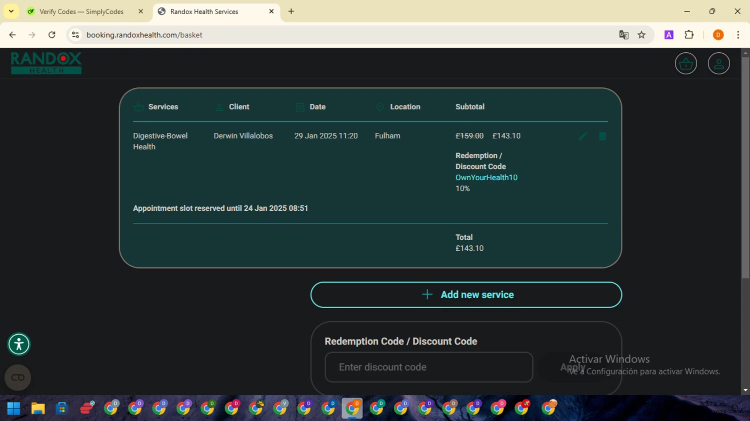 Randox Health coupon code screenshot showing code OWNYOURHEALTH10 applied at Randox Health checkout page. Uploaded by SimplyCodes community member SavingsMaverick3203 on Jan 24, 2025