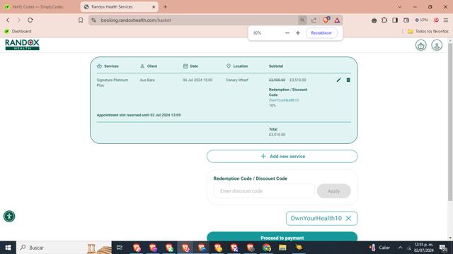 Randox Health checkout page showing Randox Health coupon code box | Screenshot taken by SimplyCodes community member on Jul 2, 2024