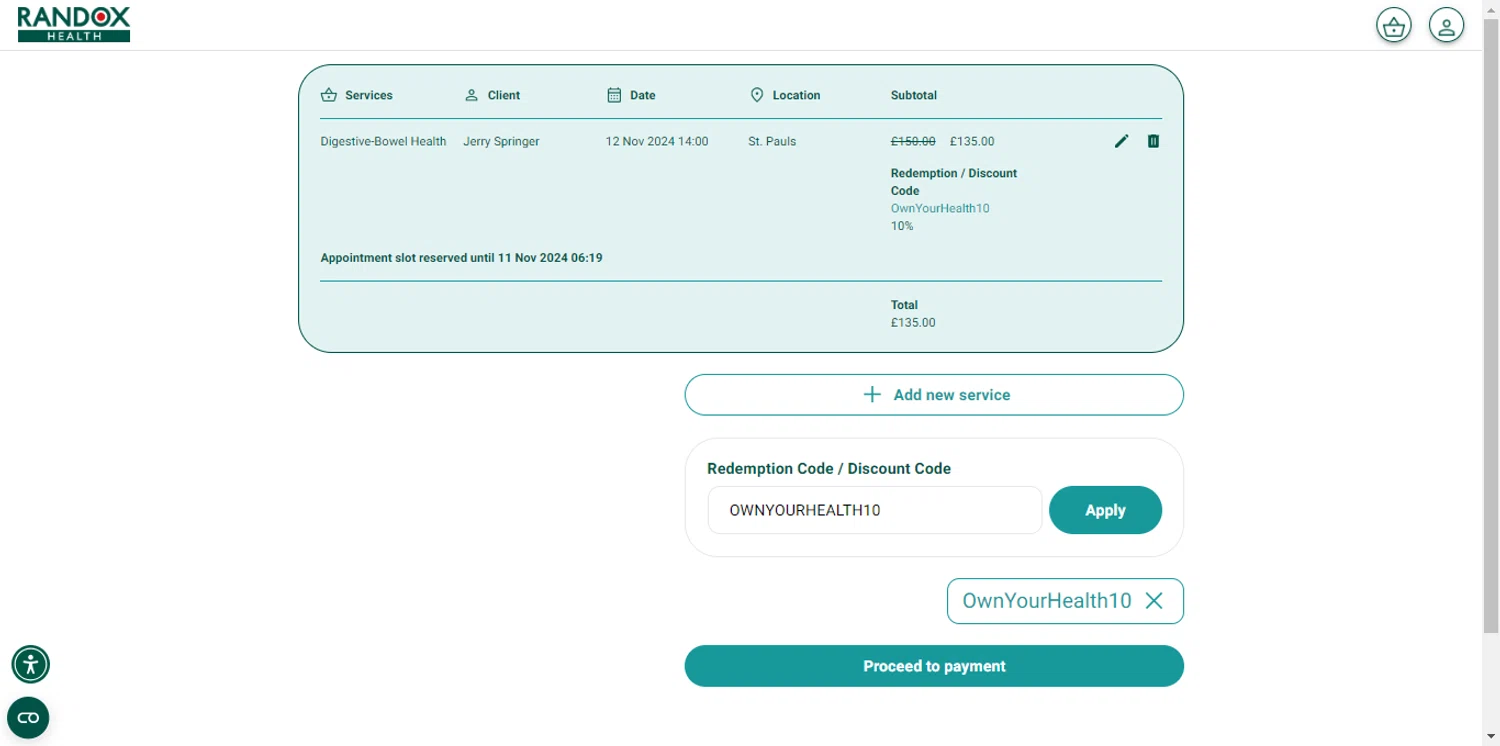 Randox Health checkout page showing Randox Health coupon code box | Screenshot taken by SimplyCodes community member on Nov 11, 2024