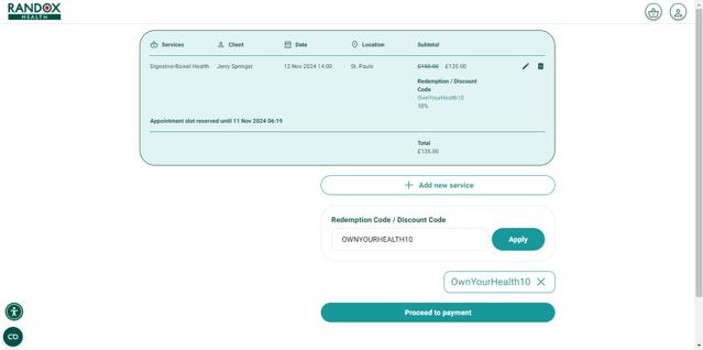 Randox Health checkout page showing Randox Health coupon code box | Screenshot taken by SimplyCodes community member on Nov 11, 2024