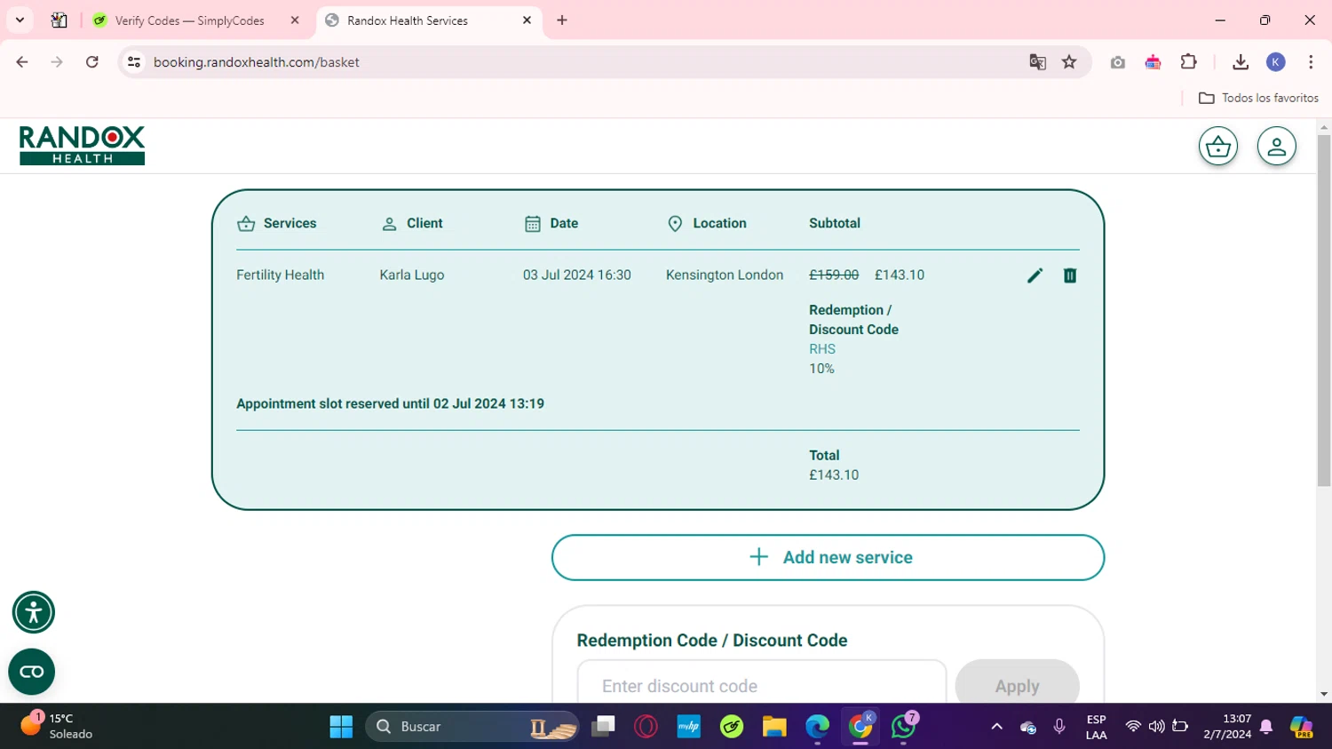 Randox Health checkout page showing Randox Health coupon code box | Screenshot taken by SimplyCodes community member on Jul 2, 2024