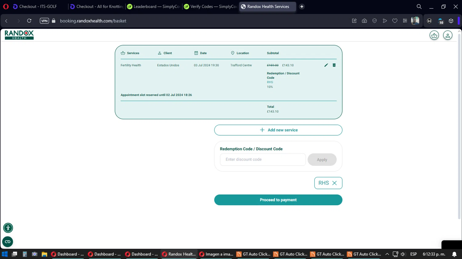 Randox Health checkout page showing Randox Health coupon code box | Screenshot taken by SimplyCodes community member on Jul 2, 2024