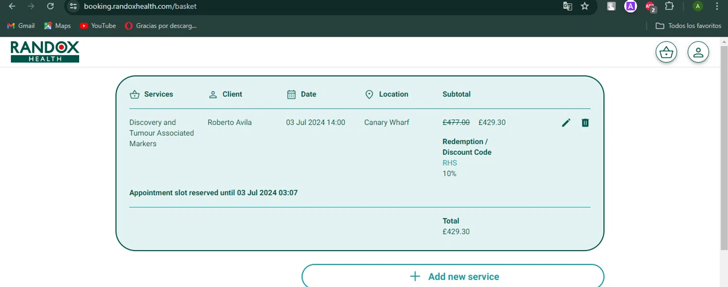 Randox Health checkout page showing Randox Health coupon code box | Screenshot taken by SimplyCodes community member on Jul 3, 2024