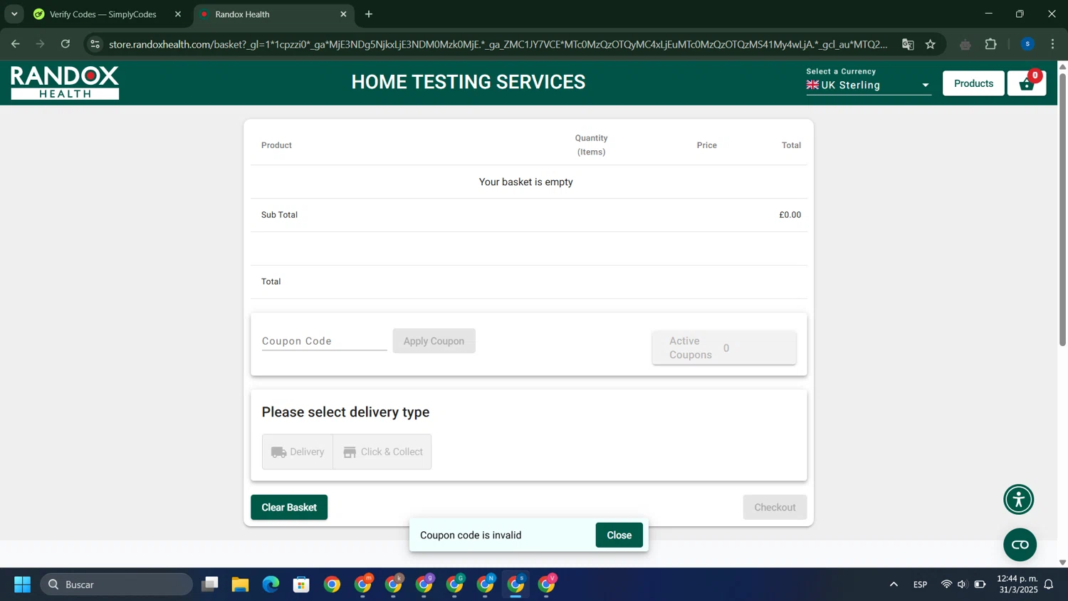 Randox Health coupon code screenshot showing code GN15 applied at Randox Health checkout page. Uploaded by SimplyCodes community member VoucherWarden6280 on Mar 31, 2025