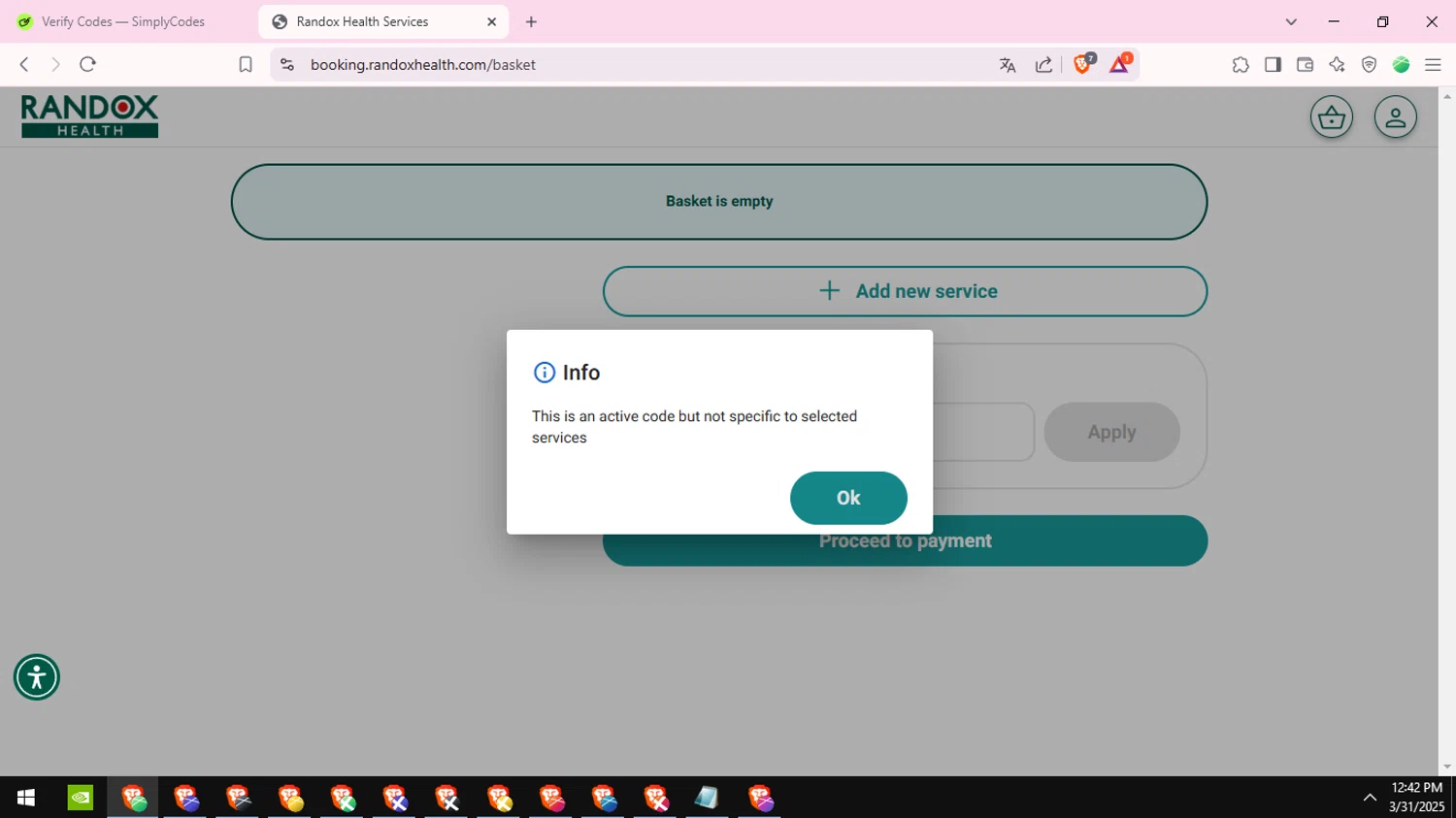 Randox Health coupon code screenshot showing code GN15 applied at Randox Health checkout page. Uploaded by SimplyCodes community member DiscountSentinel4513 on Mar 31, 2025