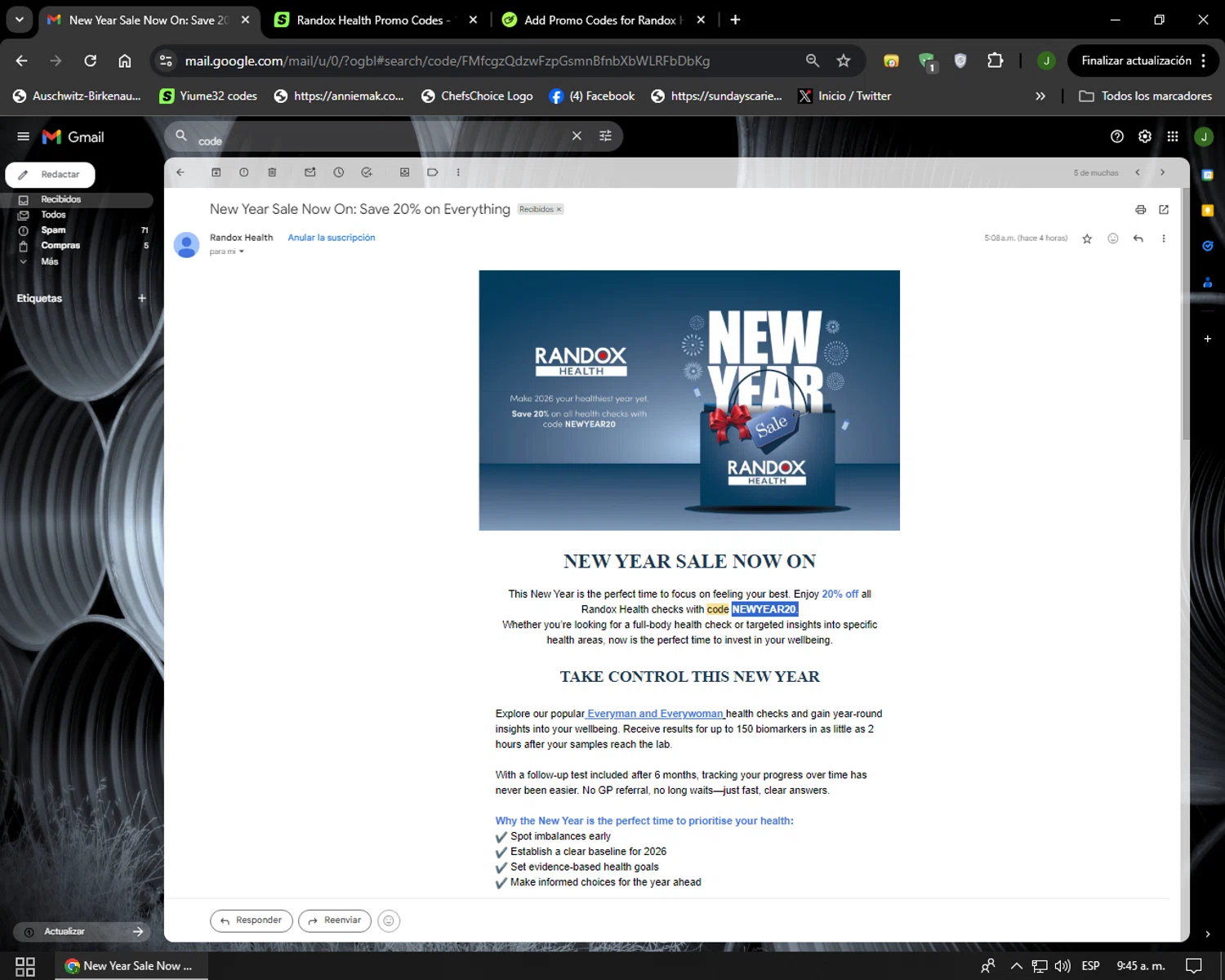 Randox Health coupon code screenshot showing code NEWYEAR20 applied at Randox Health checkout page. Uploaded by SimplyCodes community member Codehunter on Dec 29, 2025