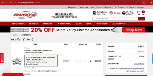 Raneys Truck Parts checkout page showing Raneys Truck Parts promo code box | Screenshot taken by SimplyCodes community member on Aug 17, 2025