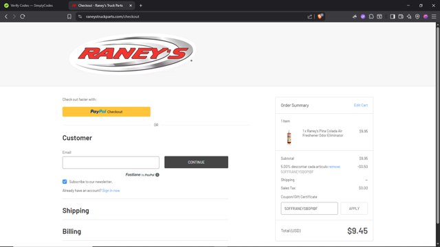 Raneys Truck Parts checkout page showing Raneys Truck Parts promo code box | Screenshot taken by SimplyCodes community member on Aug 18, 2025
