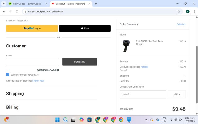 Raneys Truck Parts checkout page showing Raneys Truck Parts promo code box | Screenshot taken by SimplyCodes community member on Aug 18, 2025