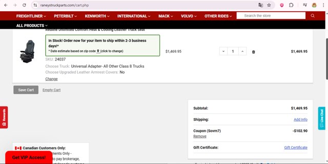 Raneys Truck Parts checkout page showing Raneys Truck Parts promo code box | Screenshot taken by SimplyCodes community member on Aug 18, 2025