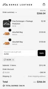 Range Leather Company coupon verification screenshot