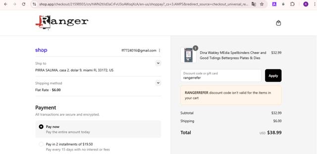 Ranger Ink checkout page showing Ranger Ink discount code box | Screenshot taken by SimplyCodes community member on Sep 12, 2025