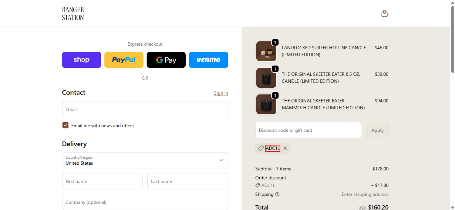 Ranger Station promo code screenshot showing code ADC1L applied at Ranger Station checkout page. Uploaded by SimplyCodes community member ValueElite1660 on Jun 19, 2026