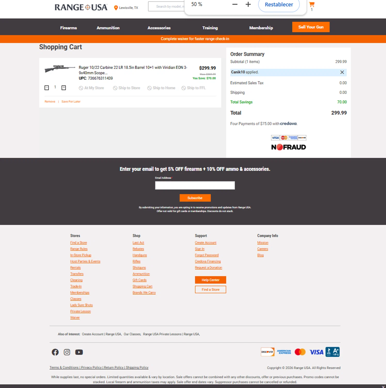 Range USA promo code screenshot showing code Canik10 applied at Range USA checkout page. Uploaded by SimplyCodes community member reggiesmith on Jan 26, 2026