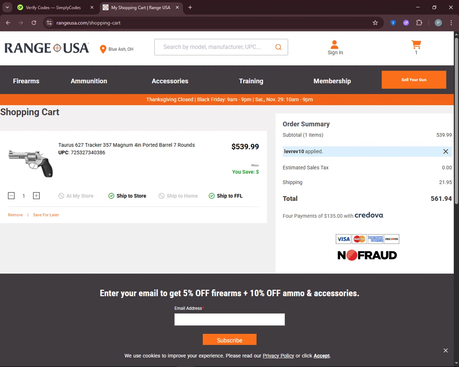Range USA promo code screenshot showing code levrev10 applied at Range USA checkout page. Uploaded by SimplyCodes community member DiscountEagle6247 on Nov 25, 2025