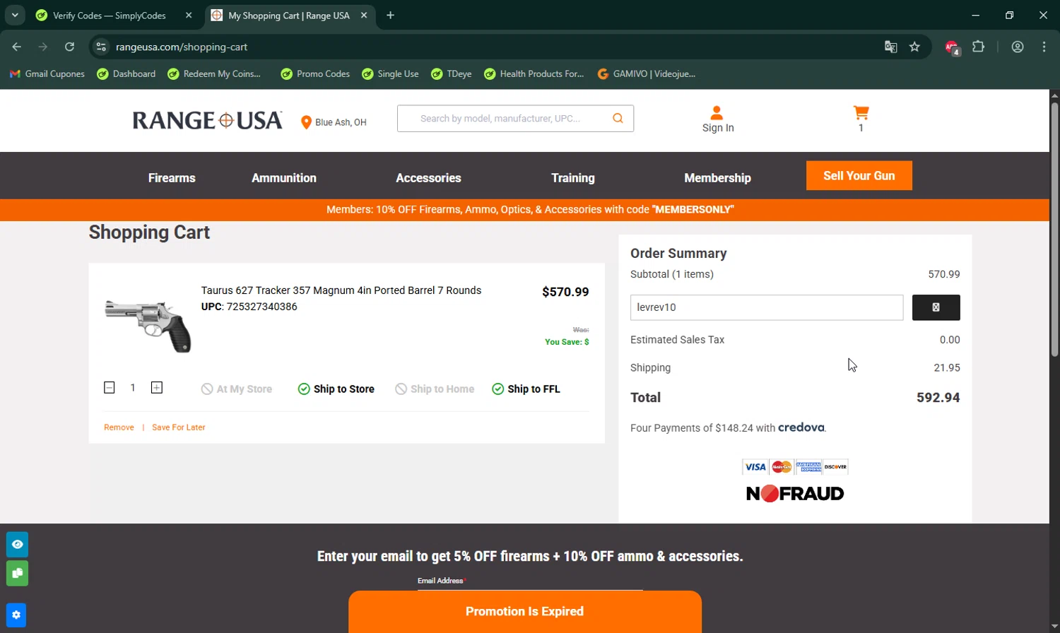 Range USA promo code screenshot showing code levrev10 applied at Range USA checkout page. Uploaded by SimplyCodes community member LHaunter on Dec 6, 2025